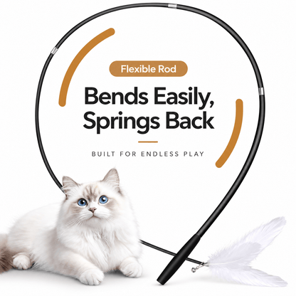 The telescopic feather cat wand's flexible rod bent into a loop above a white ragdoll cat.