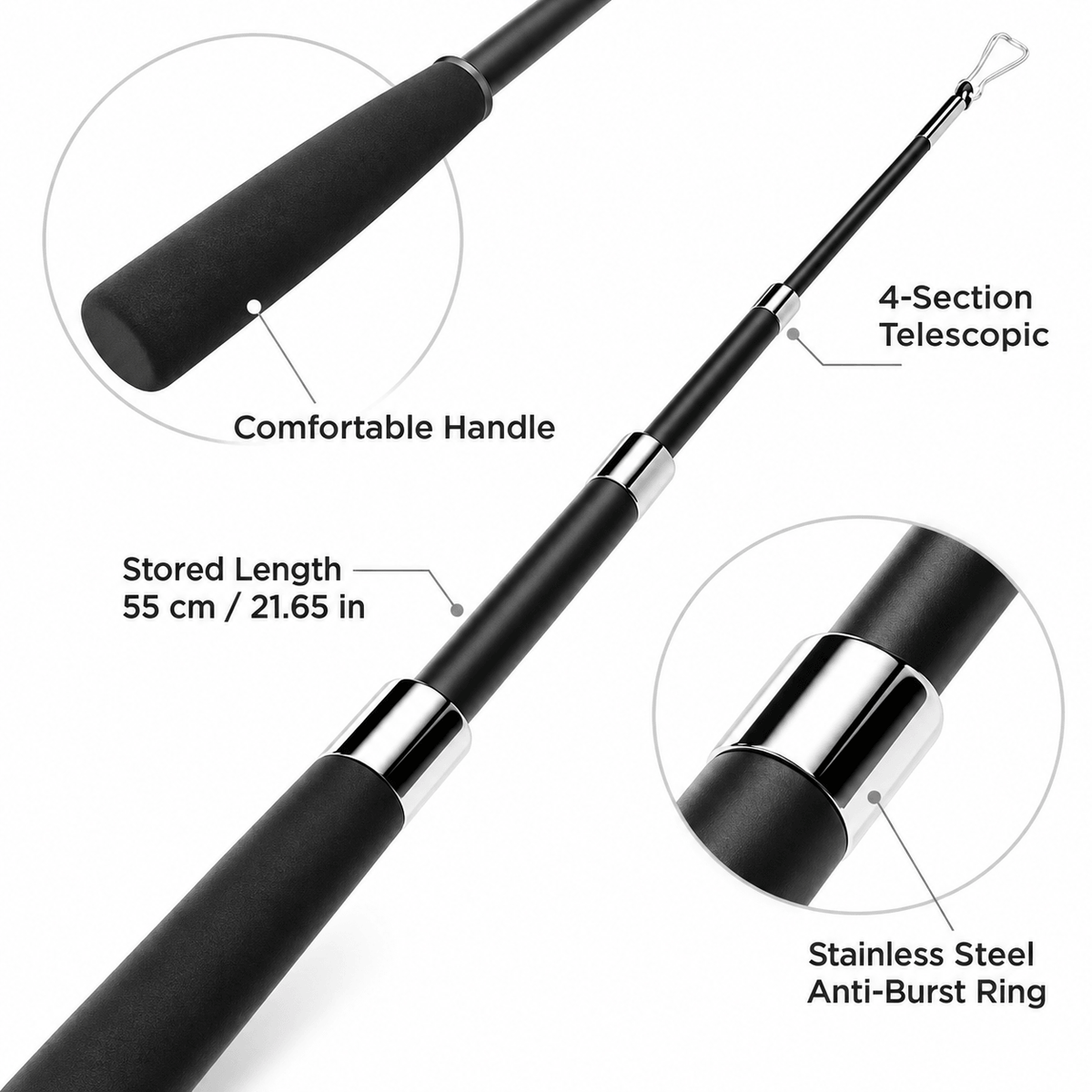 Details of the telescopic feather cat wand showing the comfortable handle, 4 sections and 55 cm stored length.