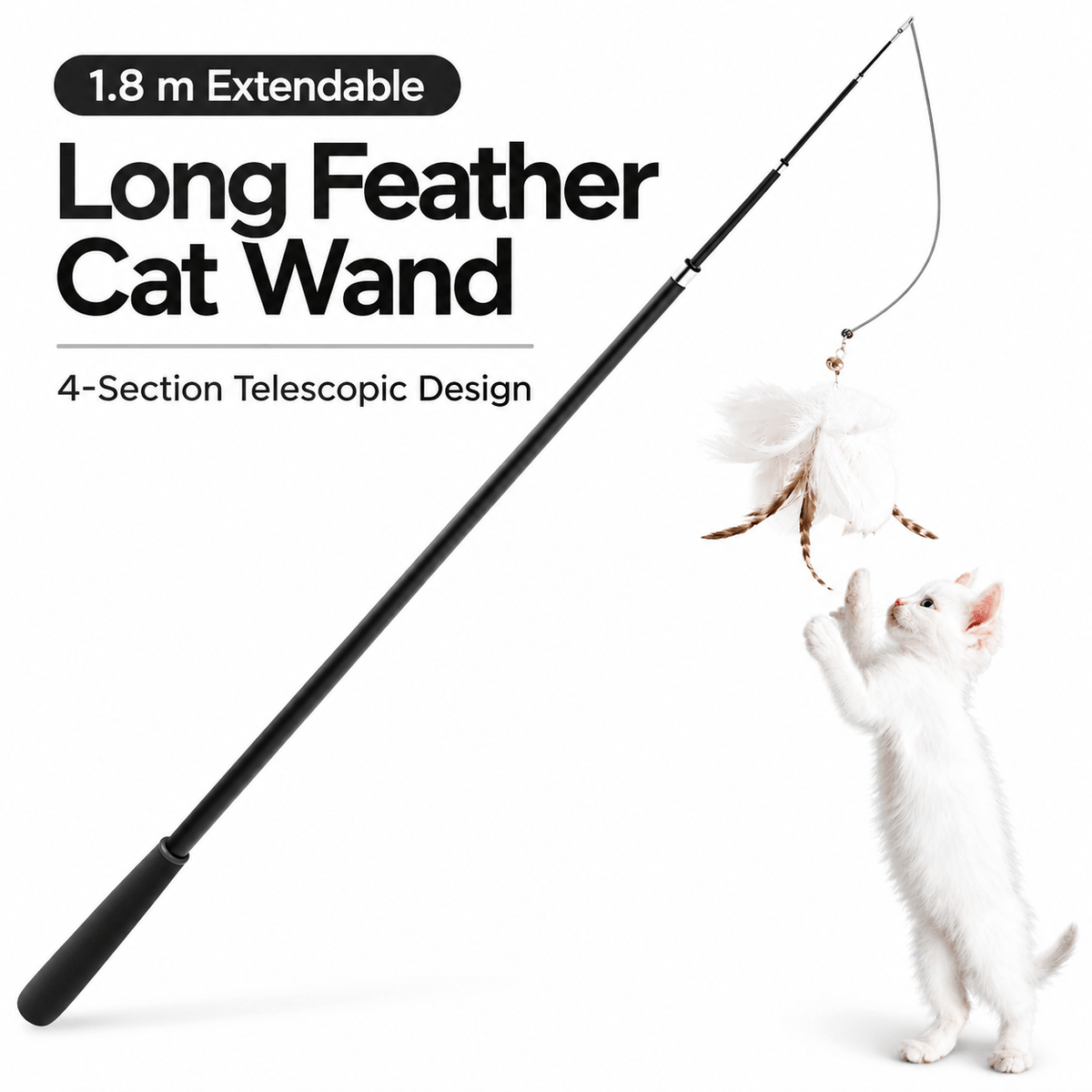 Telescopic feather cat wand extended to 1.8 m with a white kitten standing up to reach the feather lure.