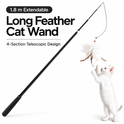 Telescopic feather cat wand extended to 1.8 m with a white kitten standing up to reach the feather lure.