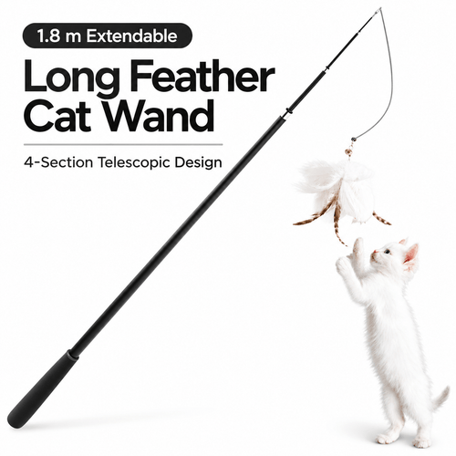 Telescopic feather cat wand extended to 1.8 m with a white kitten standing up to reach the feather lure.