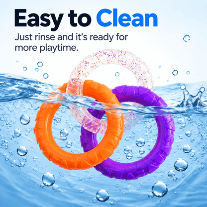 The three linked rings half submerged in water under the words easy to clean.