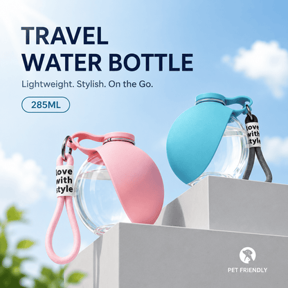 Pink and blue travel dog water bottles on white steps under a sky, captioned lightweight, stylish, on the go, 285 ml.