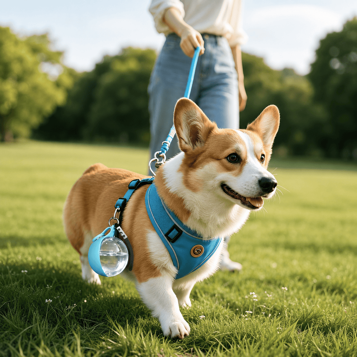 Blue travel dog water bottle clipped to a corgi harness during a walk in the park.