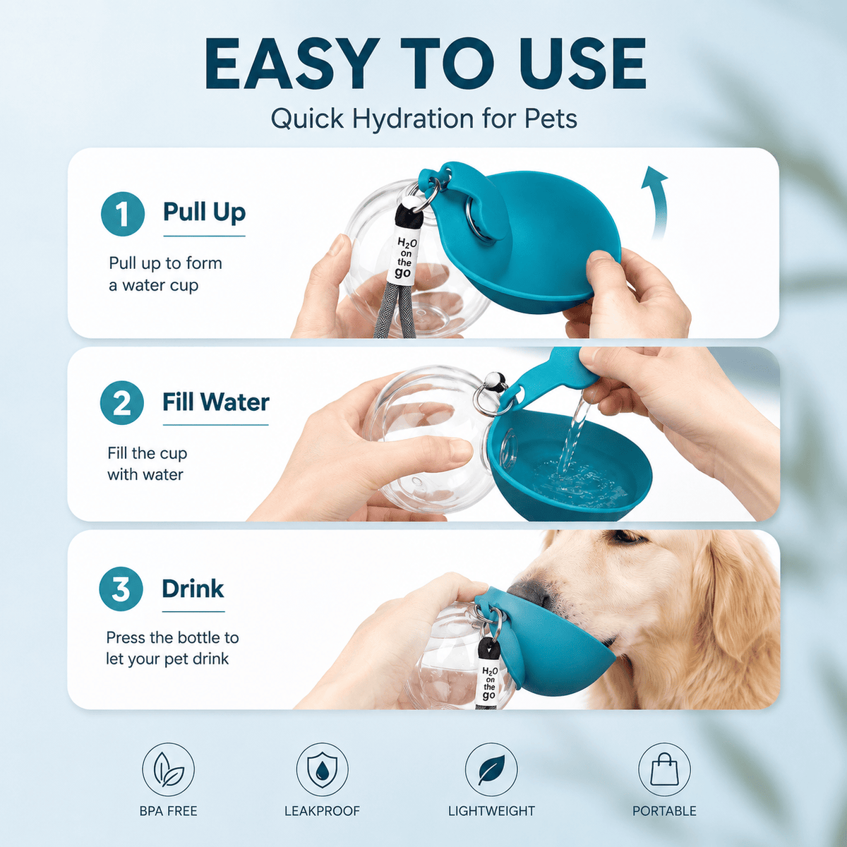 Three-step guide for the travel dog water bottle: pull up the sleeve to form a cup, fill it with water, press the bottle and let your dog drink.