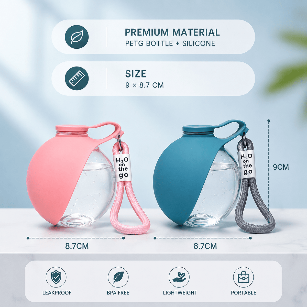 Panel for the travel dog water bottle listing the PETG bottle and silicone sleeve, the 9 by 8.7 cm size and leakproof, BPA-free, lightweight icons.