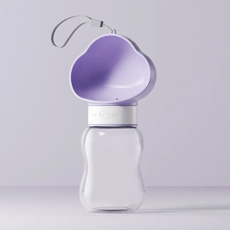 Purple 350 ml travel dog water bottle with cloud-shaped cup and lanyard.