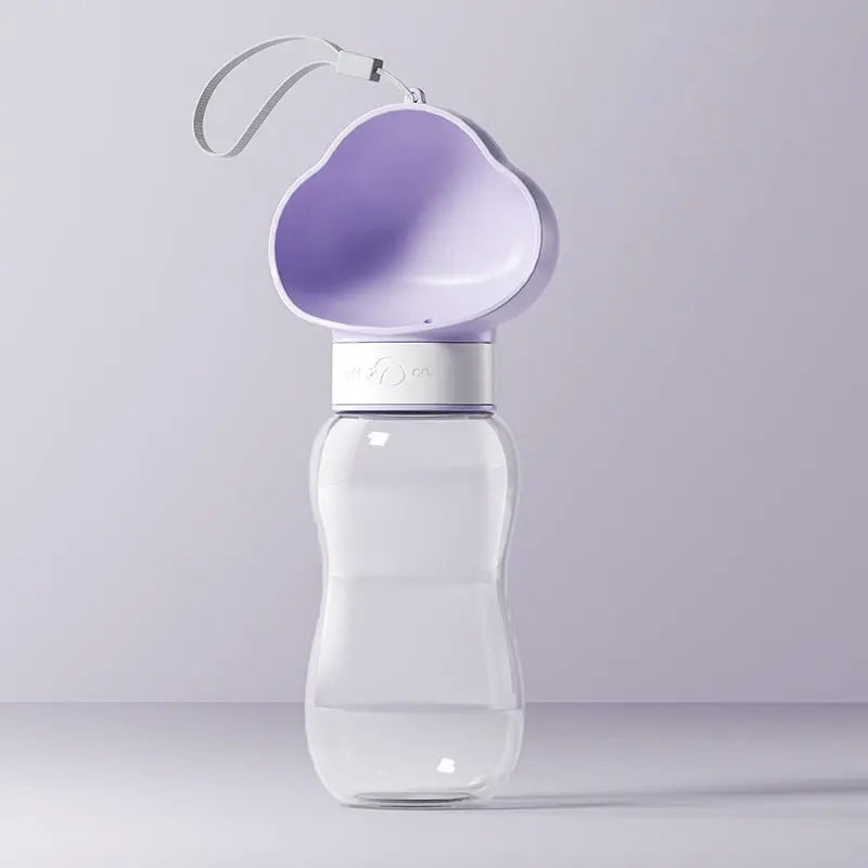 Purple 600 ml travel dog water bottle with cloud-shaped cup and lanyard.