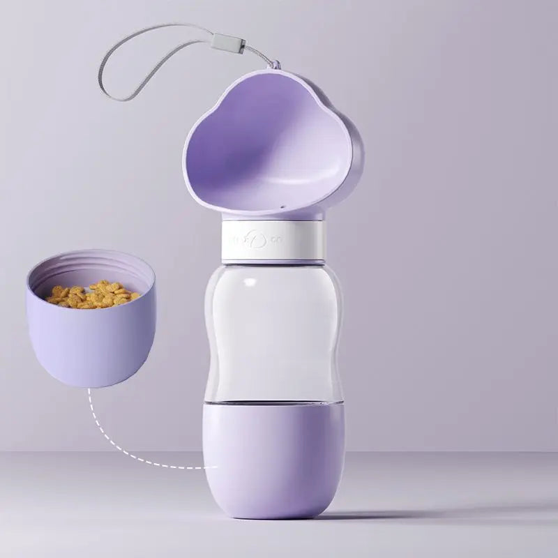 Purple travel dog water bottle with the 200 ml food jar detached from its base, 350 ml bottle.
