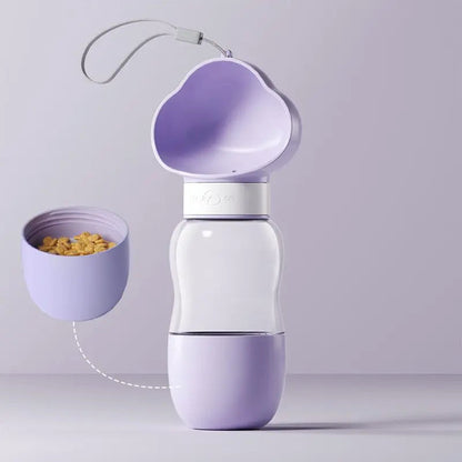 Purple travel dog water bottle with the 200 ml food jar detached from its base, 350 ml bottle.