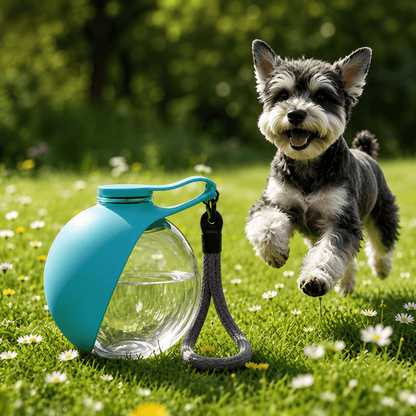 Blue travel dog water bottle on a lawn with a schnauzer leaping behind it.