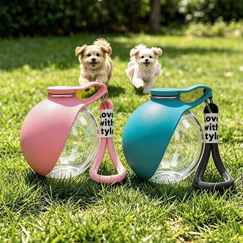 Pink and blue travel dog water bottles on grass with two small dogs running toward them.