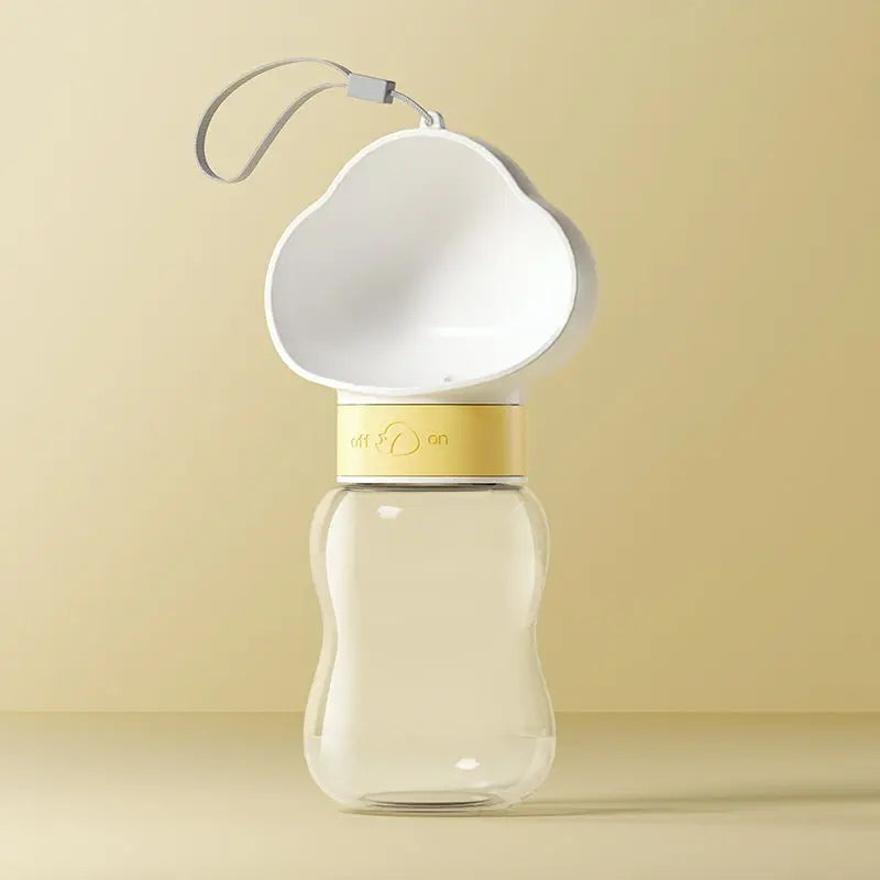 White 350 ml travel dog water bottle with cloud-shaped cup and lanyard.