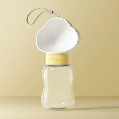 White 350 ml travel dog water bottle with cloud-shaped cup and lanyard.