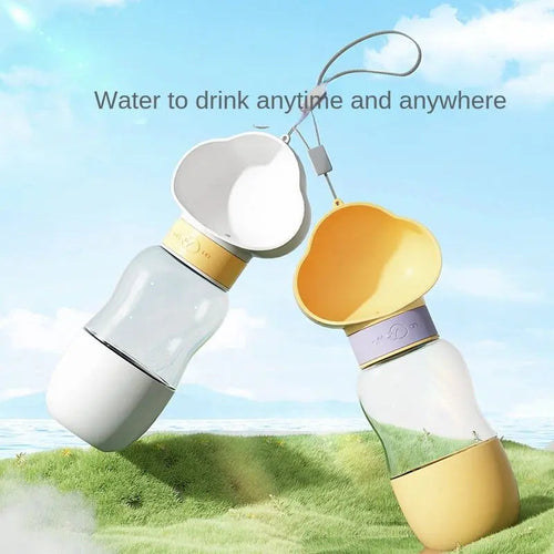 White and yellow travel dog water bottles with cloud-shaped drinking cups, captioned water to drink anytime and anywhere.