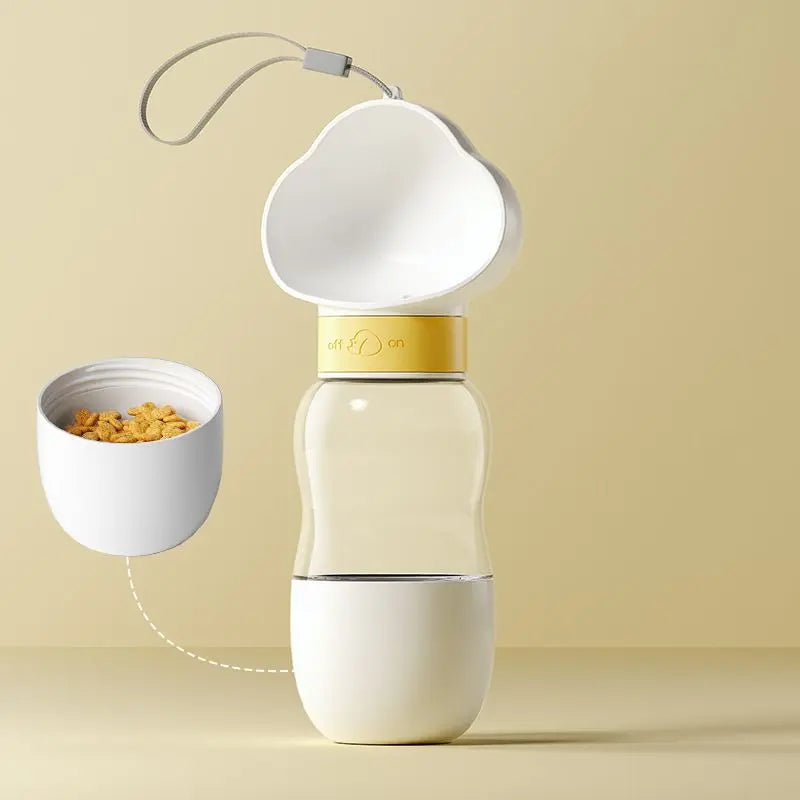 White travel dog water bottle with the 200 ml food jar detached from its base, 350 ml bottle.
