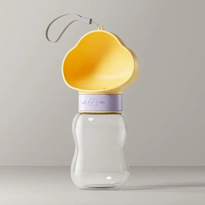 Yellow 350 ml travel dog water bottle with cloud-shaped cup and lanyard.