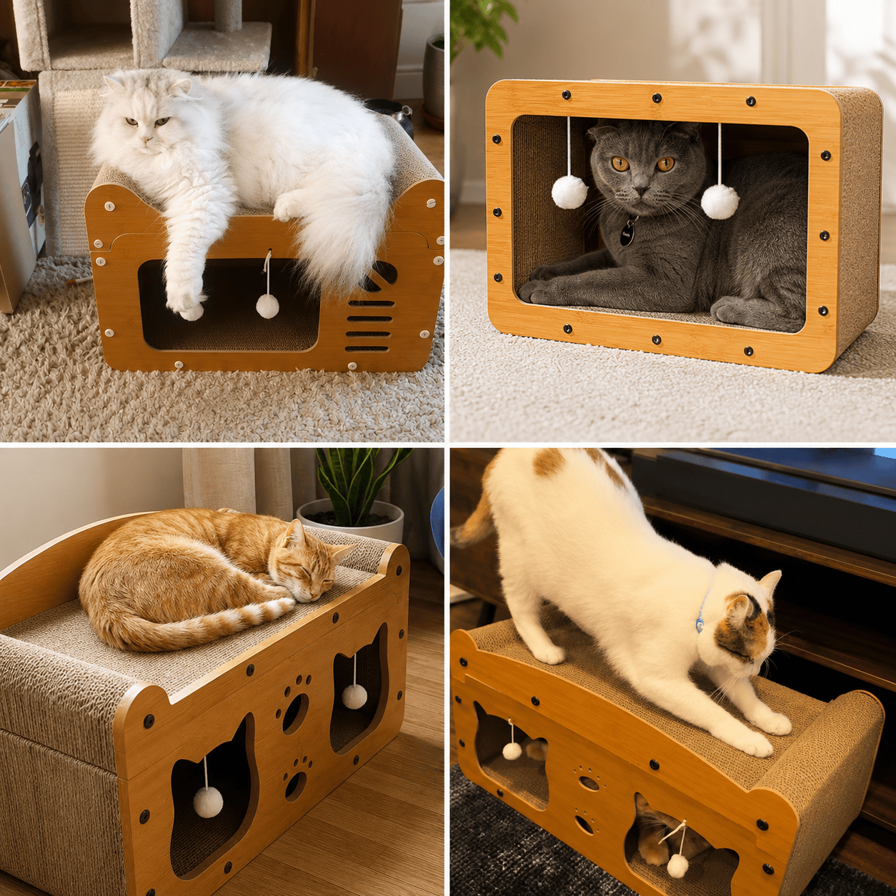 Wooden Noblias cat scratcher bed shaped like a TV, designed for indoor cats to scratch, rest, and play comfortably.