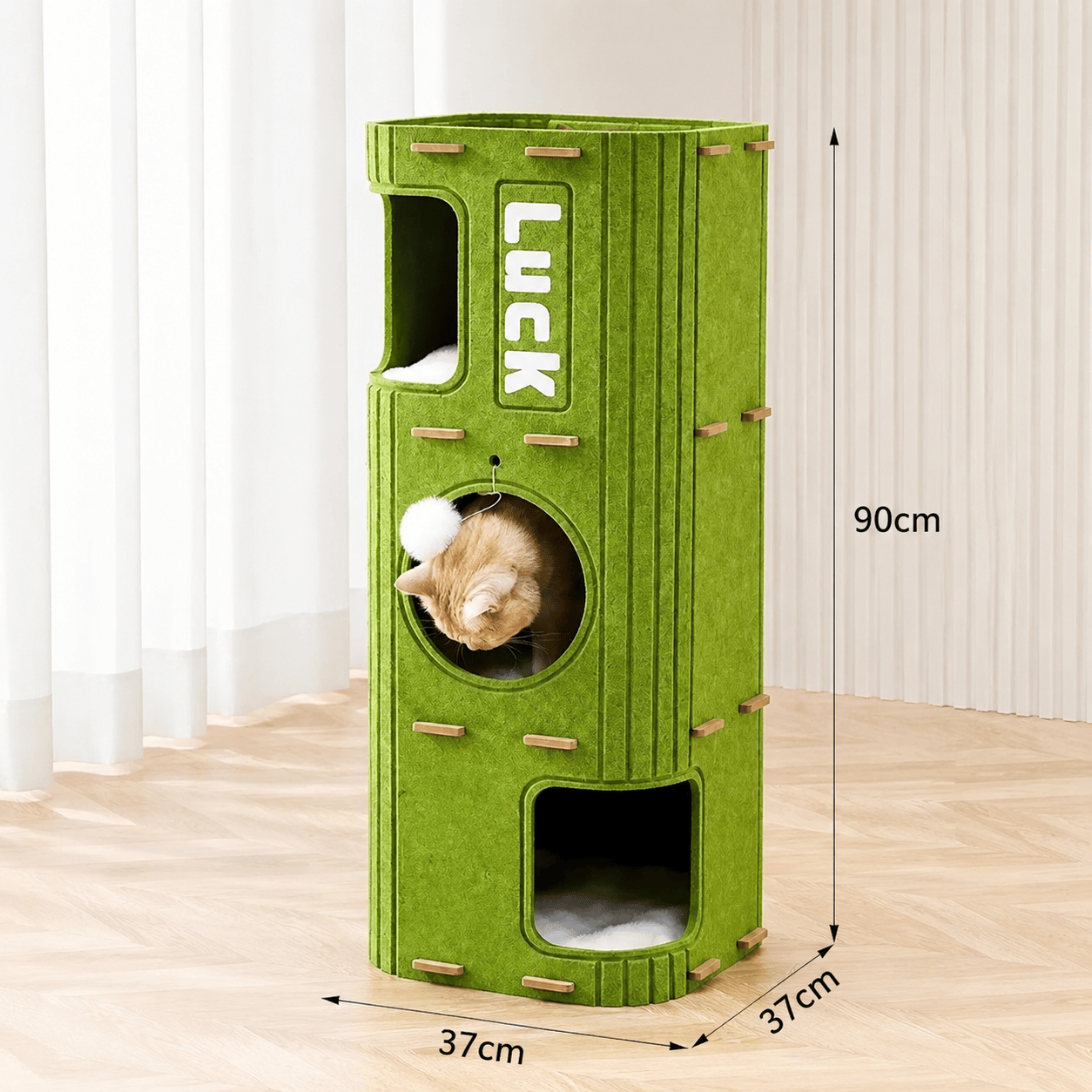 Two-layer Noblias cat tree house with scratching post and cozy condo for cats to play and rest.