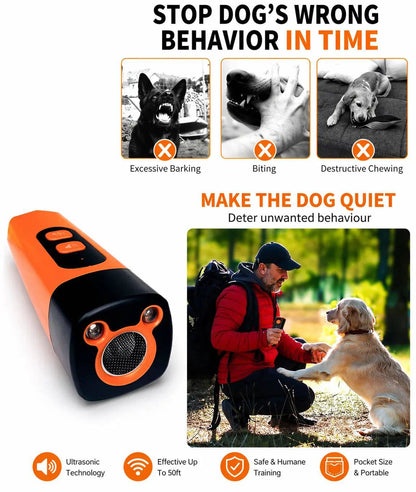Panel showing barking, biting and destructive chewing beside the ultrasonic dog bark deterrent held by a person training a dog outdoors.
