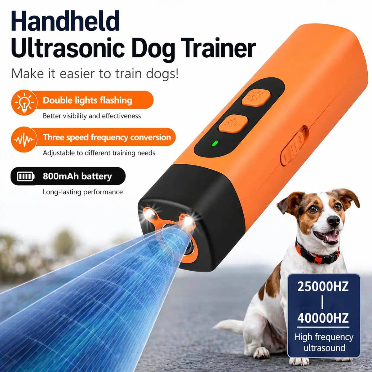 Ultrasonic dog bark deterrent with double flashing lights, three speed frequency conversion and an 800 mAh battery, showing a 25000 to 40000 Hz beam toward a dog.