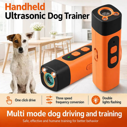 Two ultrasonic dog bark deterrents beside a jack russell indoors, captioned one click drive, three speed frequency conversion and double lights flashing.