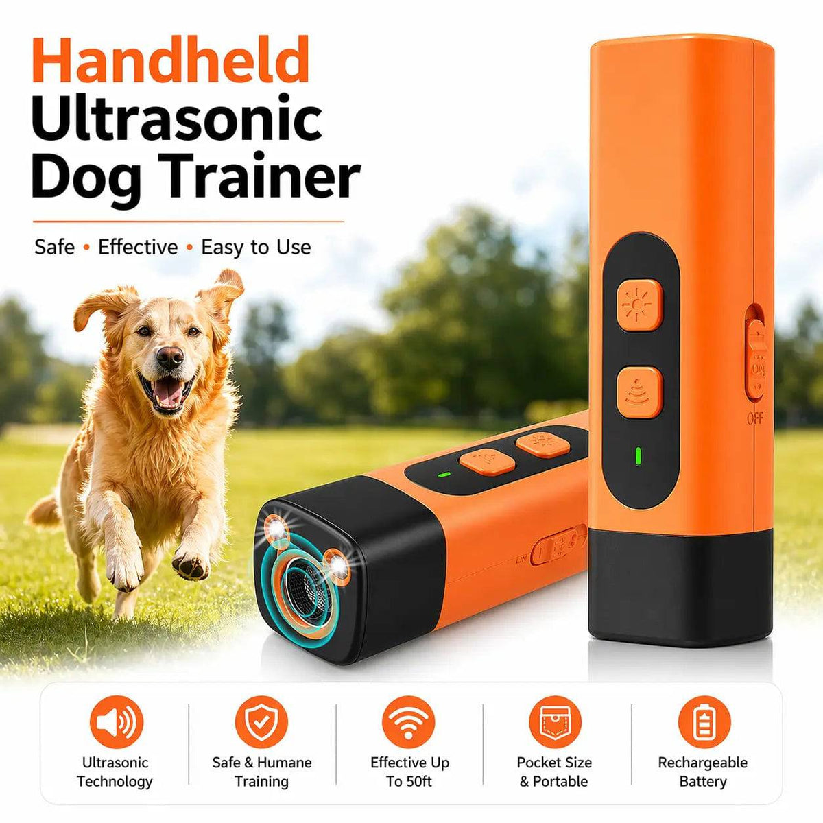 Orange and black handheld ultrasonic dog bark deterrent beside a golden retriever running on grass, with ultrasonic, humane training, pocket size and rechargeable icons.