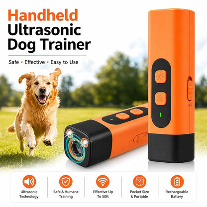 Orange and black handheld ultrasonic dog bark deterrent beside a golden retriever running on grass, with ultrasonic, humane training, pocket size and rechargeable icons.