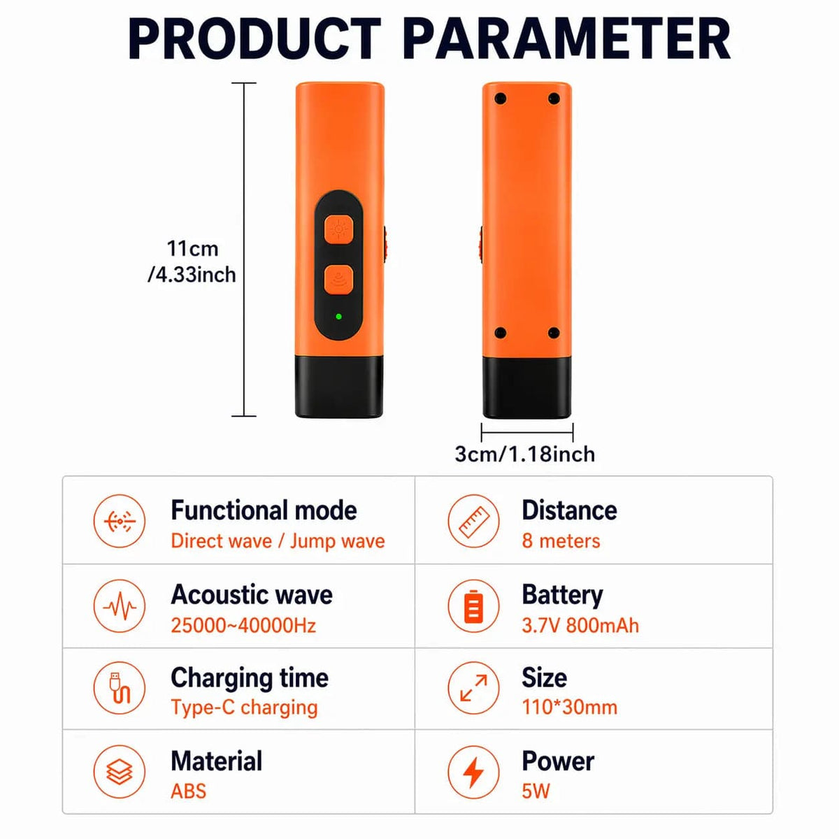 Product parameter table for the ultrasonic dog bark deterrent listing direct and jump wave modes, 8 meter distance, 25000 to 40000 Hz, 3.7 volt 800 mAh battery, Type-C charging, 110 by 30 mm size and ABS material.