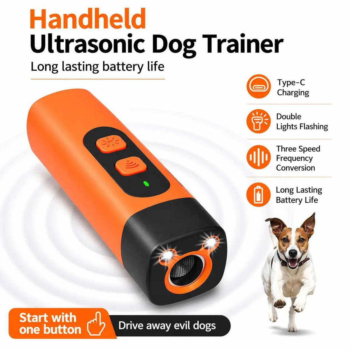 Ultrasonic dog bark deterrent with Type-C charging, double lights flashing, three speed frequency conversion and long battery life callouts.