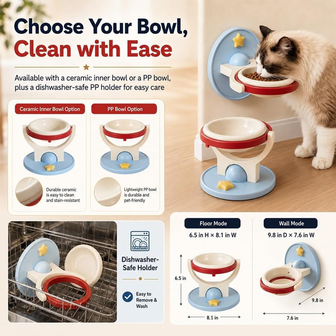 The elevated cat bowl with its inner bowl options and dishwasher safe holder, and the floor mode and wall mode heights marked.