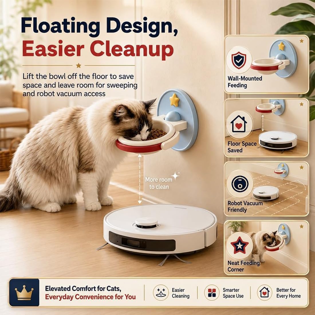 The wall mounted cat bowl above a robot vacuum passing underneath, captioned lift the bowl off the floor to save space.