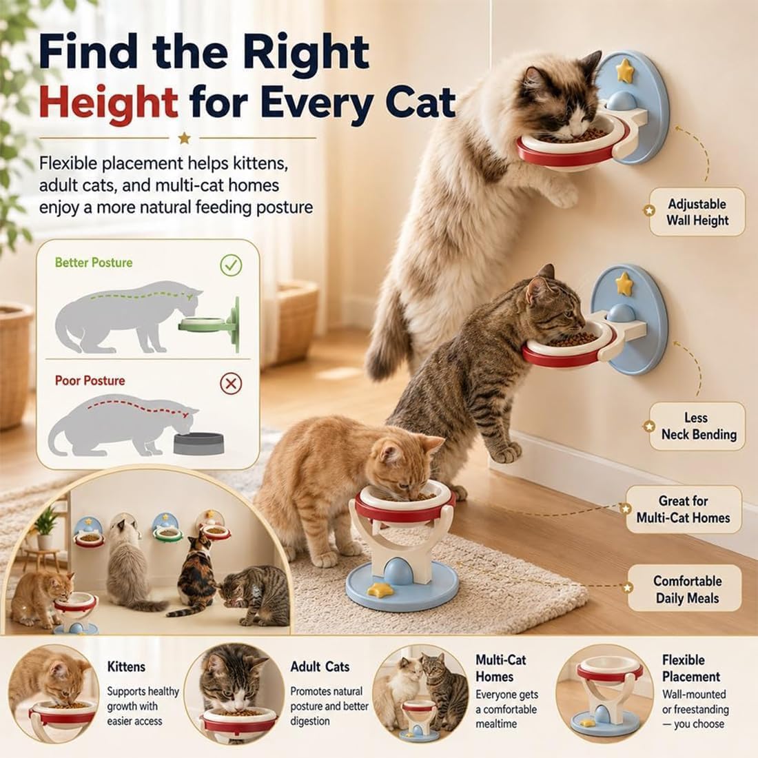 The cat bowl shown at different wall heights for kittens, adult cats and multi cat homes.