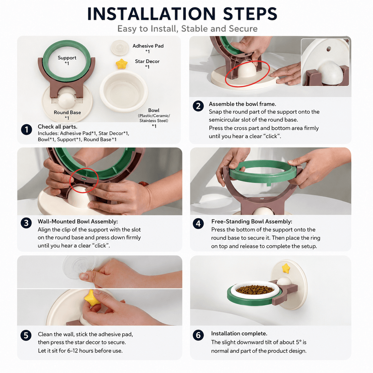 Six installation photos for the cat bowl covering the parts list, the frame assembly, the wall mounted fitting and the freestanding fitting.