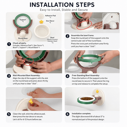 Six installation photos for the cat bowl covering the parts list, the frame assembly, the wall mounted fitting and the freestanding fitting.
