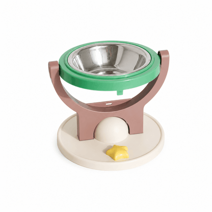 Green and mocha elevated cat bowl stand fitted with the stainless steel inner bowl.