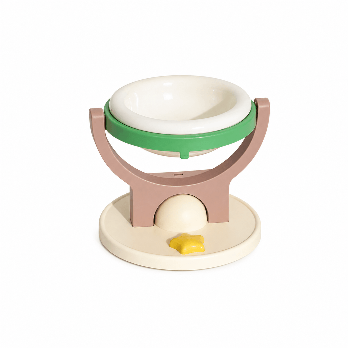 Green and mocha elevated cat bowl stand fitted with the white inner bowl.