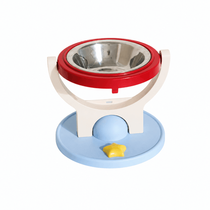 Red and blue elevated cat bowl stand fitted with the stainless steel inner bowl.