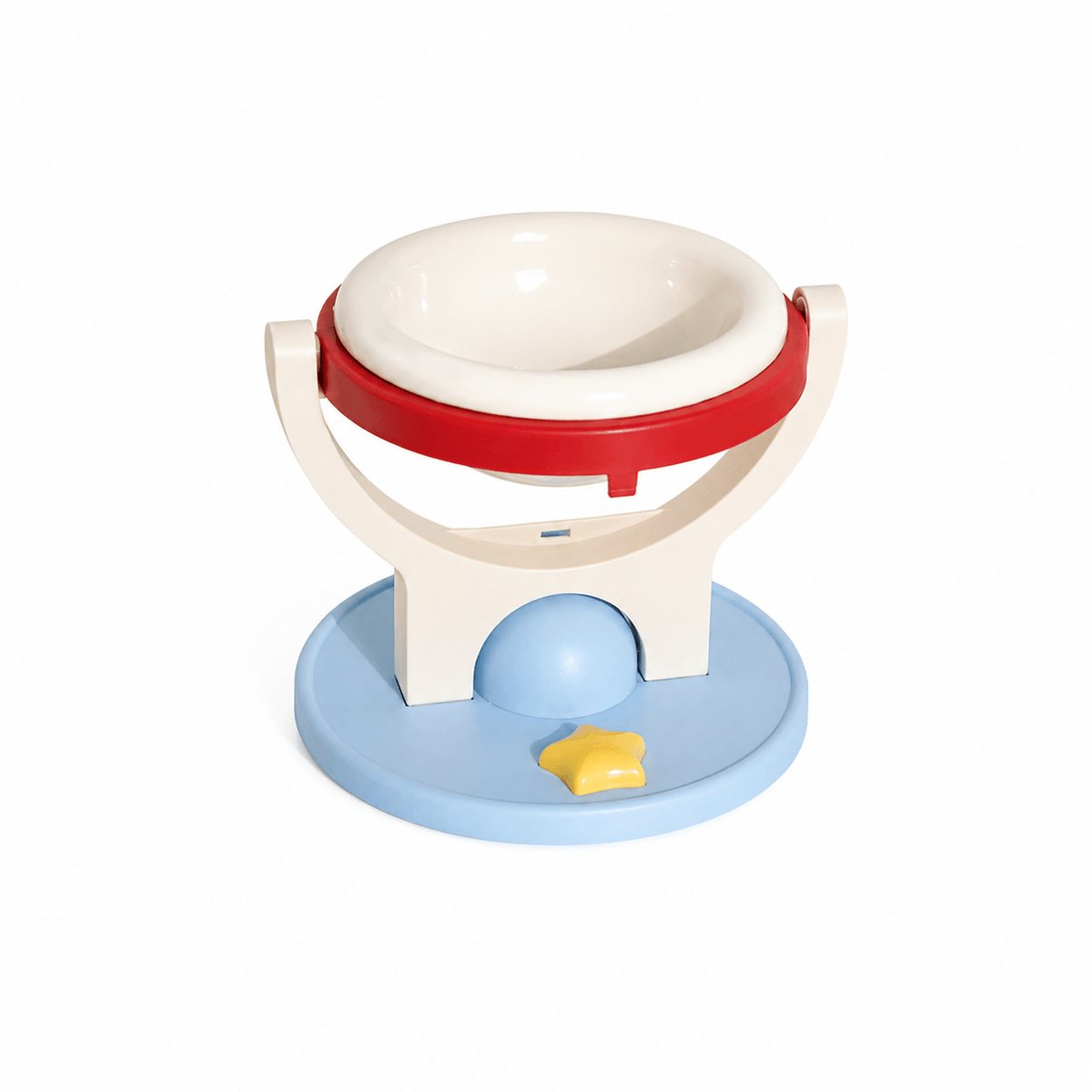 Red and blue elevated cat bowl stand fitted with the white inner bowl.