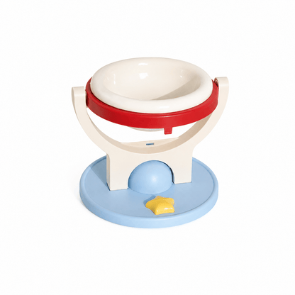 Red and blue elevated cat bowl stand fitted with the white inner bowl.