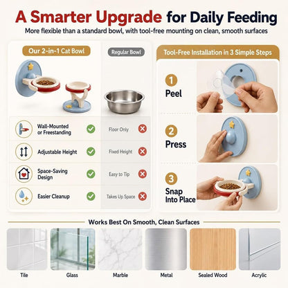 Three step tool free installation for the wall mounted cat bowl: peel, press and snap into place, with the surfaces it works on listed.