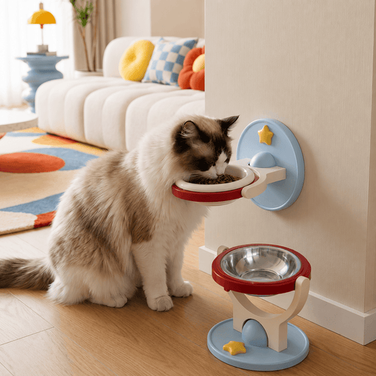 Cat eating from the wall mounted cat bowl with the freestanding version of the same bowl on the floor beside it.