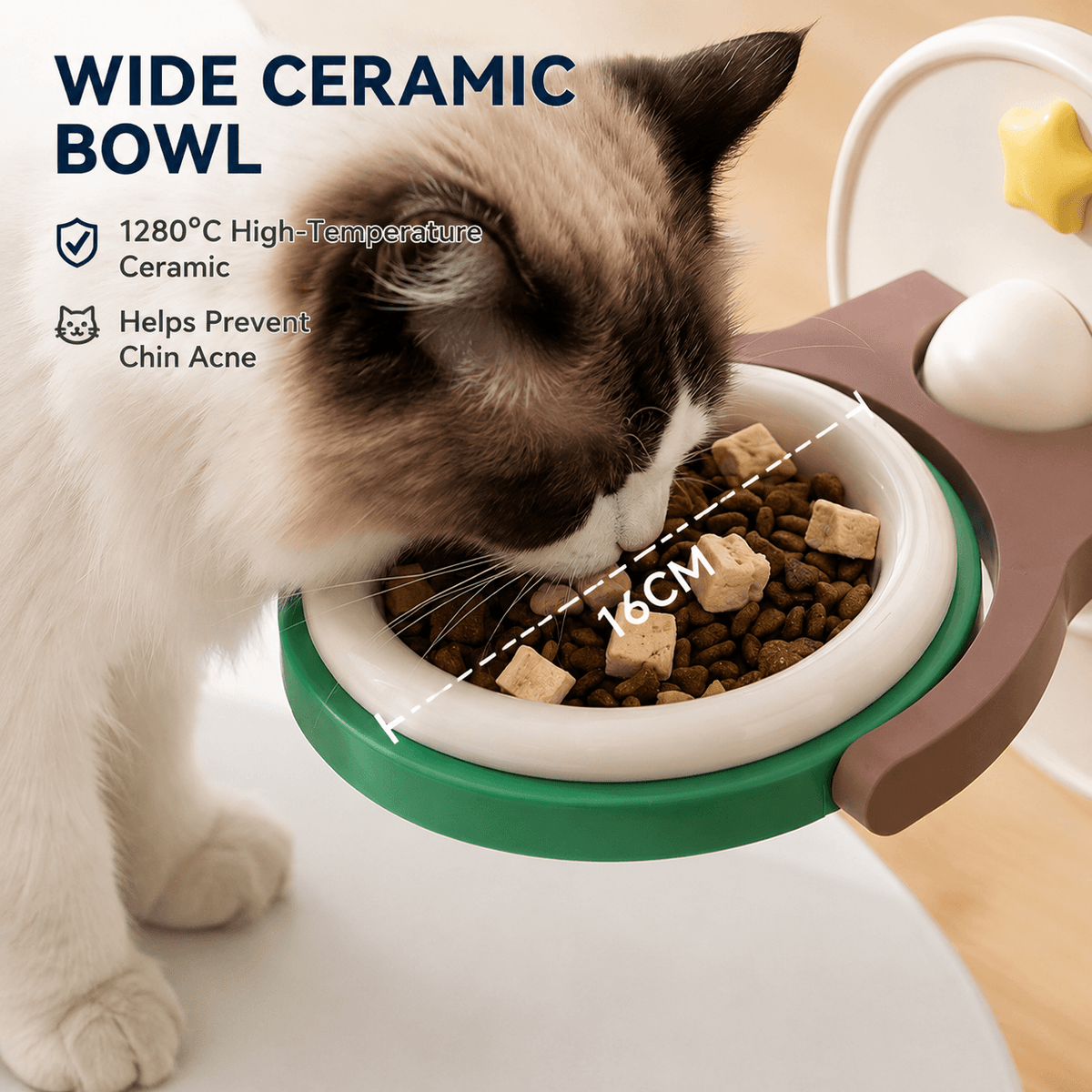 Ragdoll cat eating from the wide inner bowl of the elevated cat bowl, with the bowl width marked sixteen centimeters.