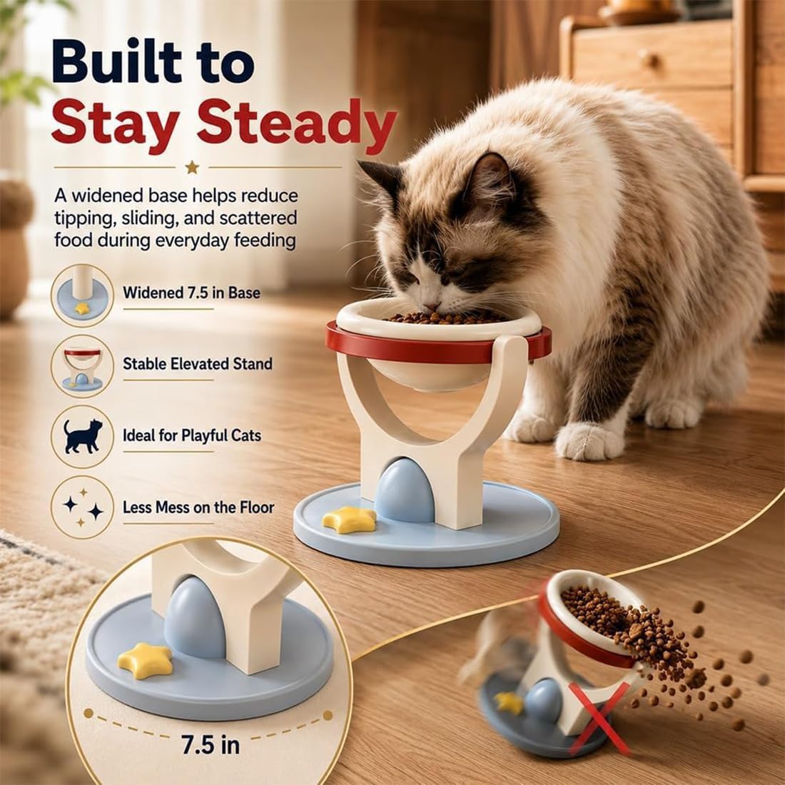 Cat eating from the freestanding cat bowl stand with its widened 7.5 inch base marked, captioned built to stay steady.