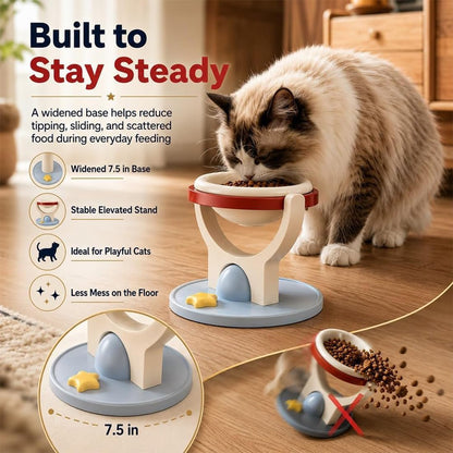 Cat eating from the freestanding cat bowl stand with its widened 7.5 inch base marked, captioned built to stay steady.