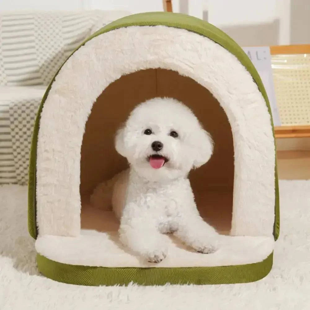 Bichon lying inside the green cave bed with its paws over the front lip.