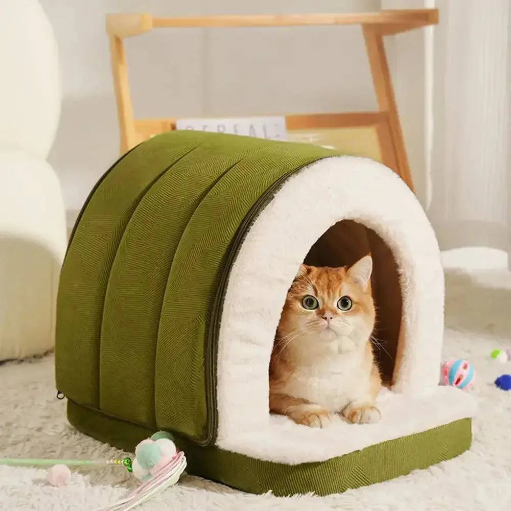 Orange cat curled inside the green enclosed cave bed on a soft rug.