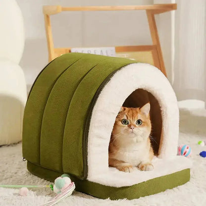Orange cat curled inside the green enclosed cave bed on a soft rug.