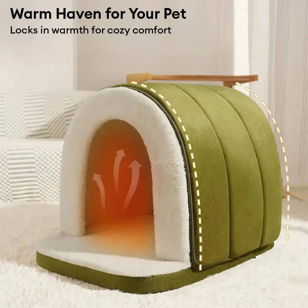 Cutaway graphic of the enclosed cave bed with warmth arrows inside, captioned locks in warmth for cozy comfort.