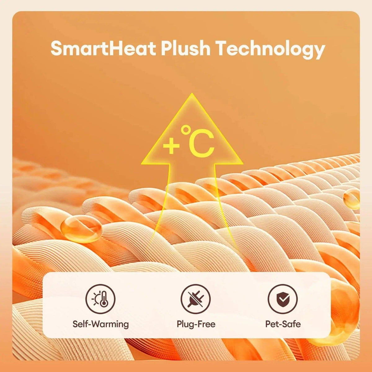 Close up of the ribbed plush lining inside the cave bed, marked self warming, plug free and pet safe.